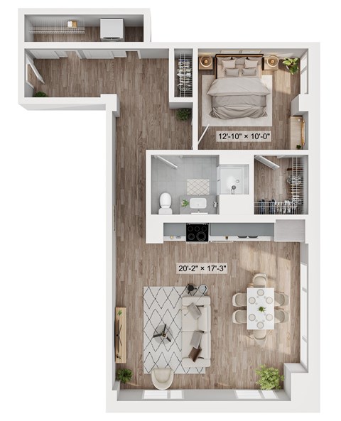 A floor plan of a small apartment with a bedroom, bathroom, and kitchen.